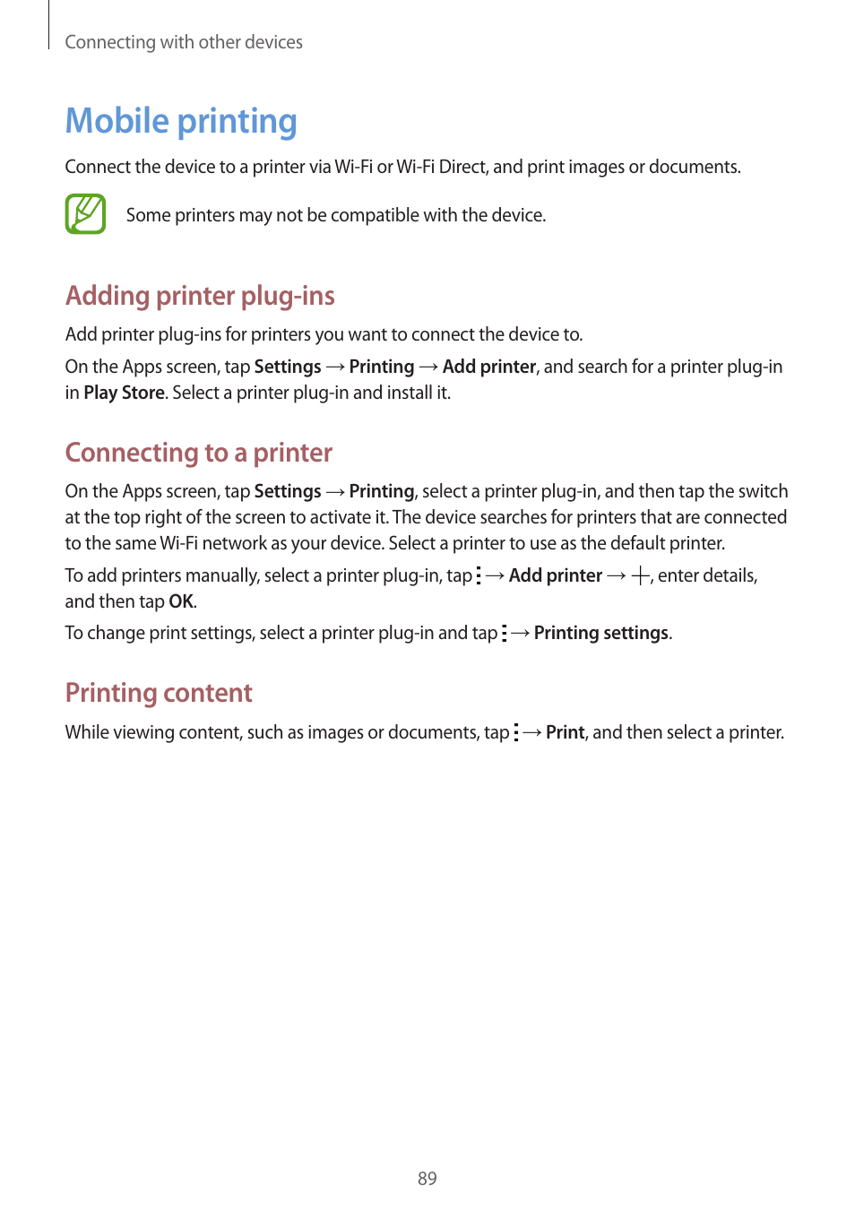 Mobile printing, 89 mobile printing, Adding printer plug-ins | Connecting to a printer, Printing content | Samsung Galaxy Grand Prime User Manual | Page 89 / 131