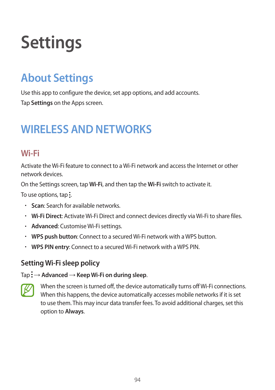 Settings, About settings, Wireless and networks | 94 about settings 94 wireless and networks, Wi-fi | Samsung Galaxy Grand Prime User Manual | Page 94 / 131