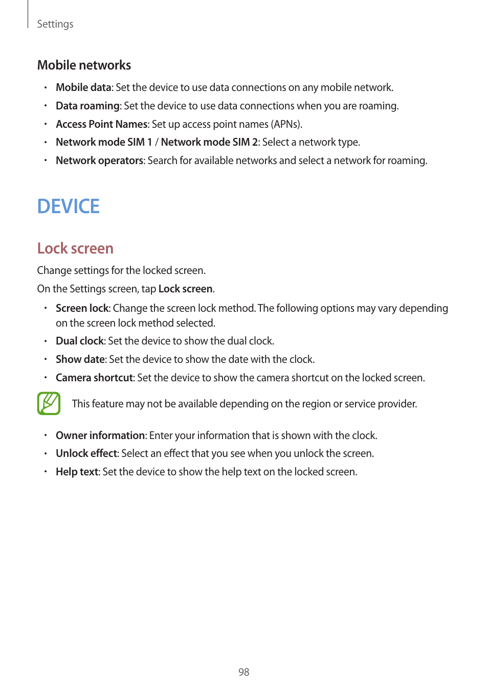 Device, 98 device, Mobile networks | Lock screen | Samsung Galaxy Grand Prime User Manual | Page 98 / 131