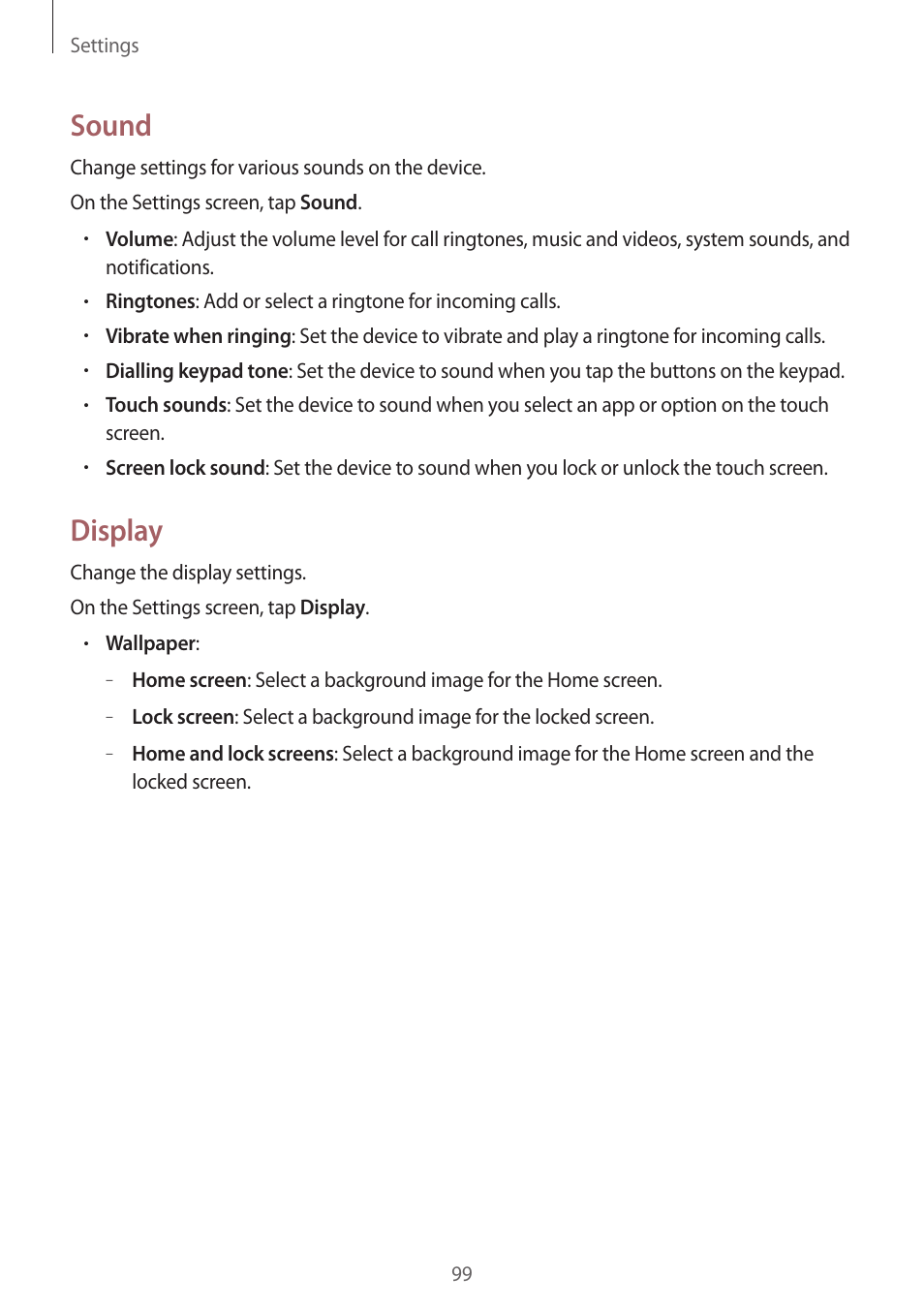 Sound, Display | Samsung Galaxy Grand Prime User Manual | Page 99 / 131