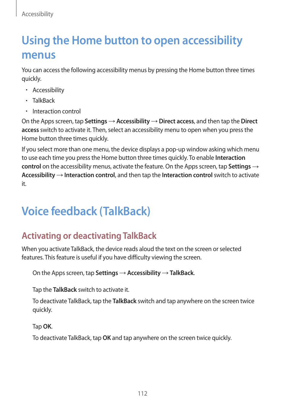 Using the home button to open accessibility menus, Voice feedback (talkback), 112 using the home button to open | Accessibility menus, 112 voice feedback (talkback), Activating or deactivating talkback | Samsung Galaxy Grand Prime User Manual | Page 112 / 133