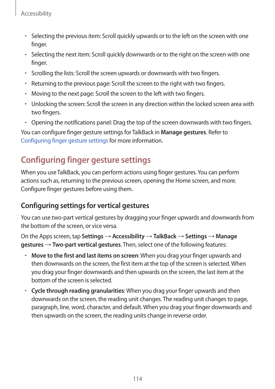 Configuring finger gesture settings, Configuring settings for vertical gestures | Samsung Galaxy Grand Prime User Manual | Page 114 / 133