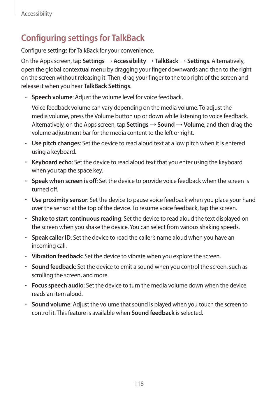 Configuring settings for talkback | Samsung Galaxy Grand Prime User Manual | Page 118 / 133
