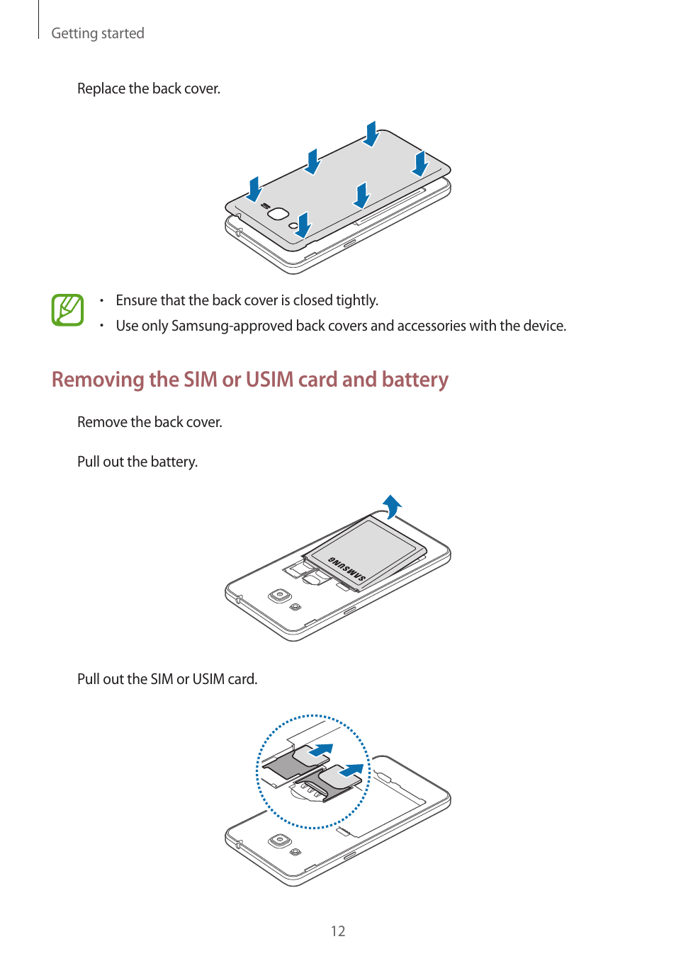 Removing the sim or usim card and battery | Samsung Galaxy Grand Prime User Manual | Page 12 / 133