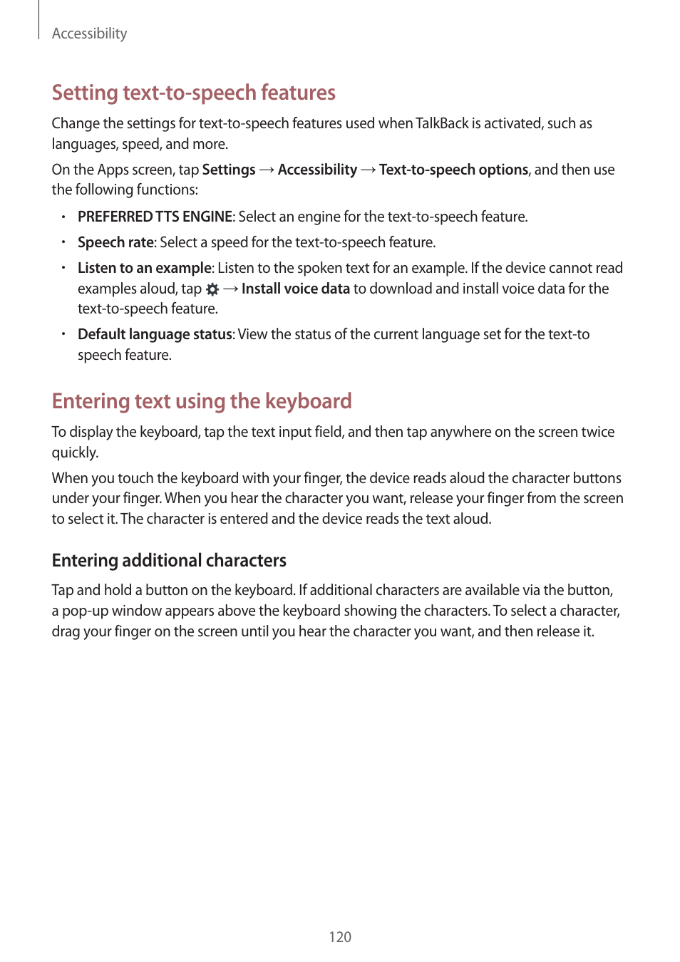 Setting text-to-speech features, Entering text using the keyboard, Entering additional characters | Samsung Galaxy Grand Prime User Manual | Page 120 / 133