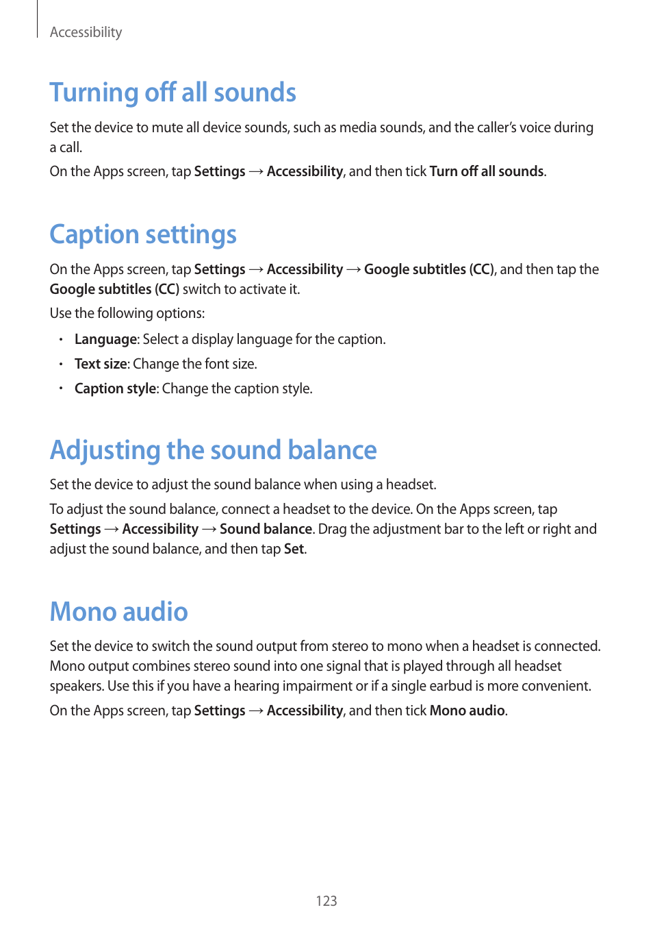 Turning off all sounds, Caption settings, Adjusting the sound balance | Mono audio | Samsung Galaxy Grand Prime User Manual | Page 123 / 133