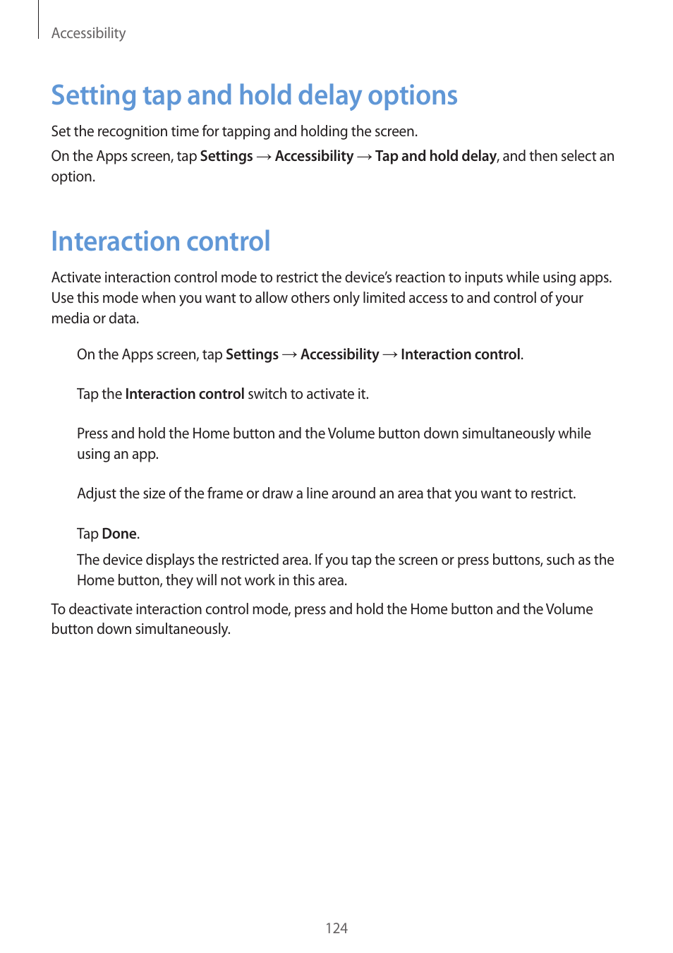 Setting tap and hold delay options, Interaction control | Samsung Galaxy Grand Prime User Manual | Page 124 / 133
