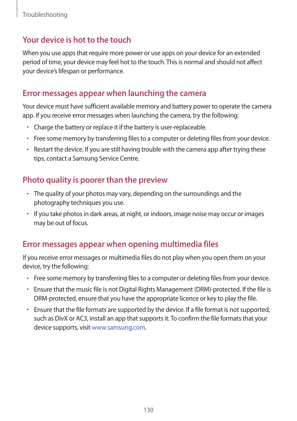 Your device is hot to the touch, Error messages appear when launching the camera, Photo quality is poorer than the preview | Samsung Galaxy Grand Prime User Manual | Page 130 / 133