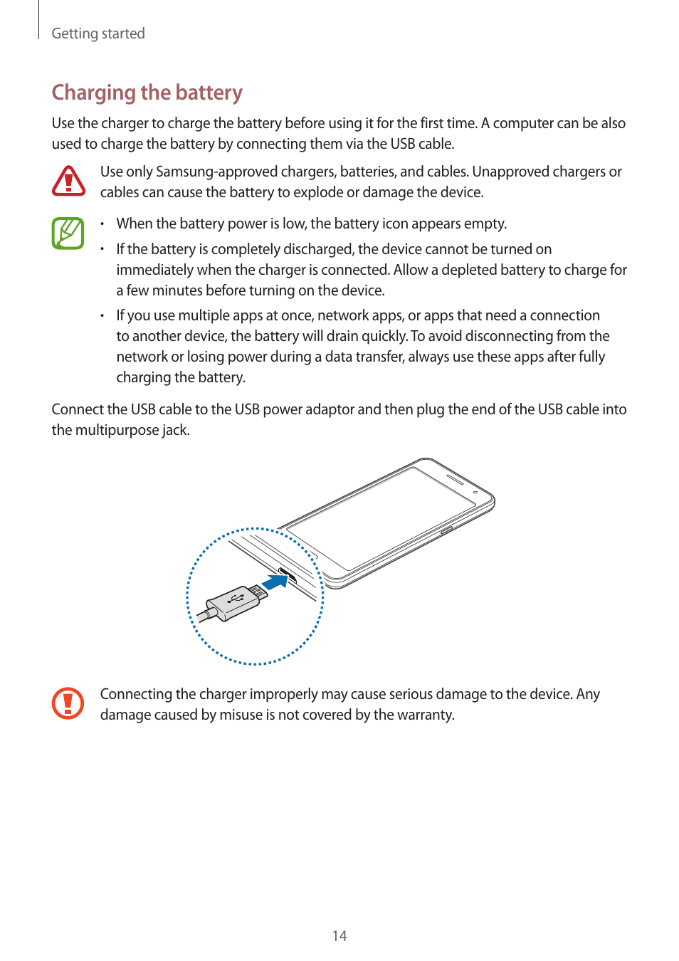 Charging the battery | Samsung Galaxy Grand Prime User Manual | Page 14 / 133