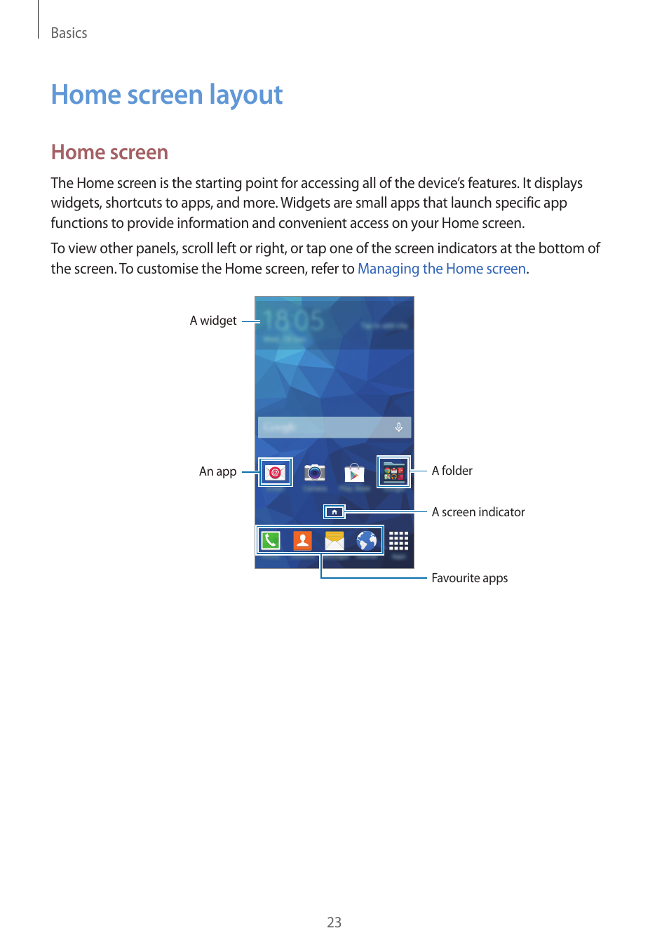 Home screen layout, 23 home screen layout, Home screen | Samsung Galaxy Grand Prime User Manual | Page 23 / 133