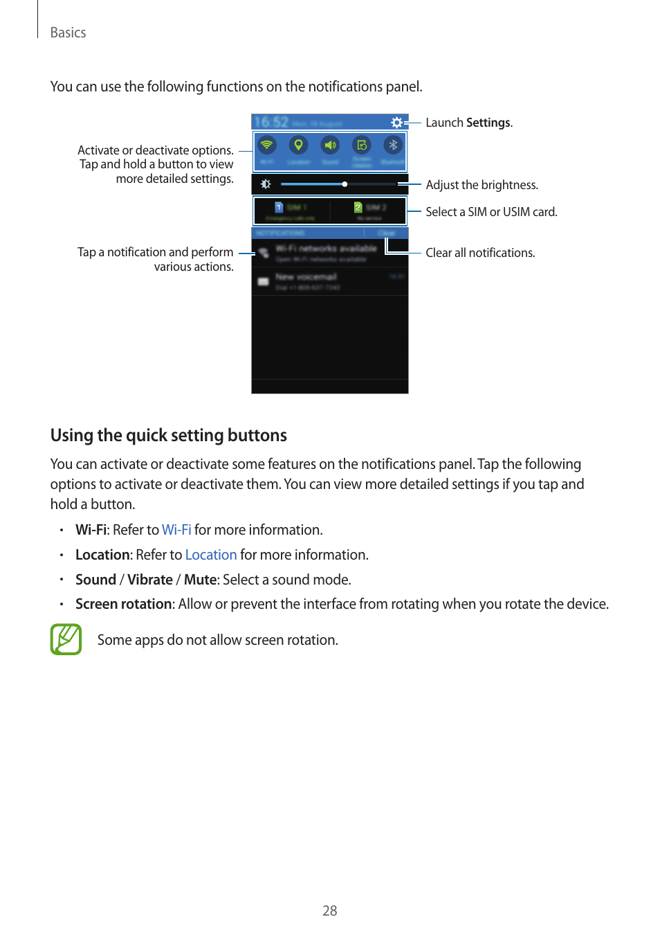 Using the quick setting buttons | Samsung Galaxy Grand Prime User Manual | Page 28 / 133