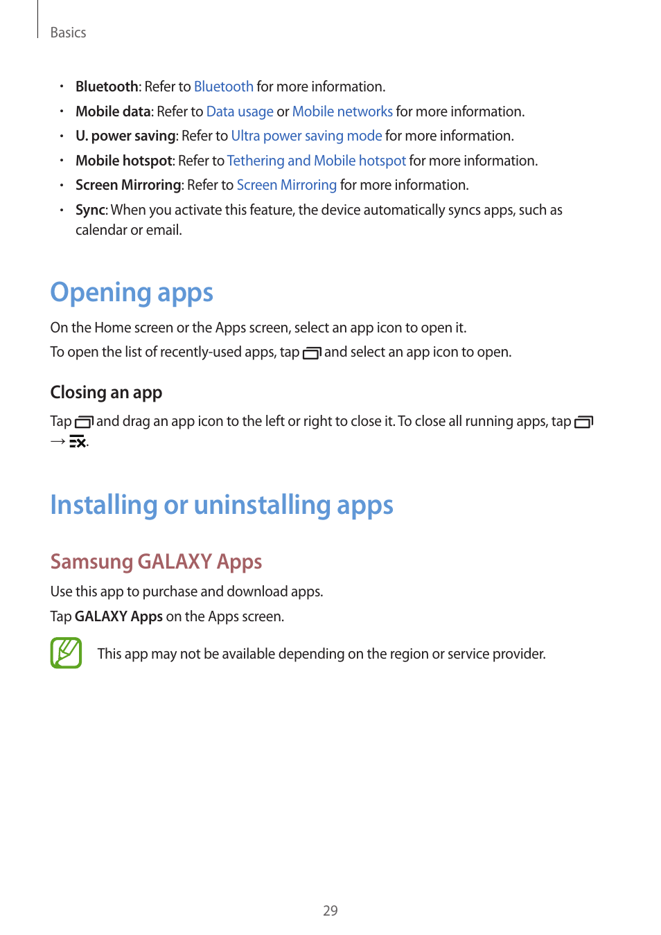 Opening apps, Installing or uninstalling apps, 29 opening apps 29 installing or uninstalling apps | Samsung galaxy apps | Samsung Galaxy Grand Prime User Manual | Page 29 / 133