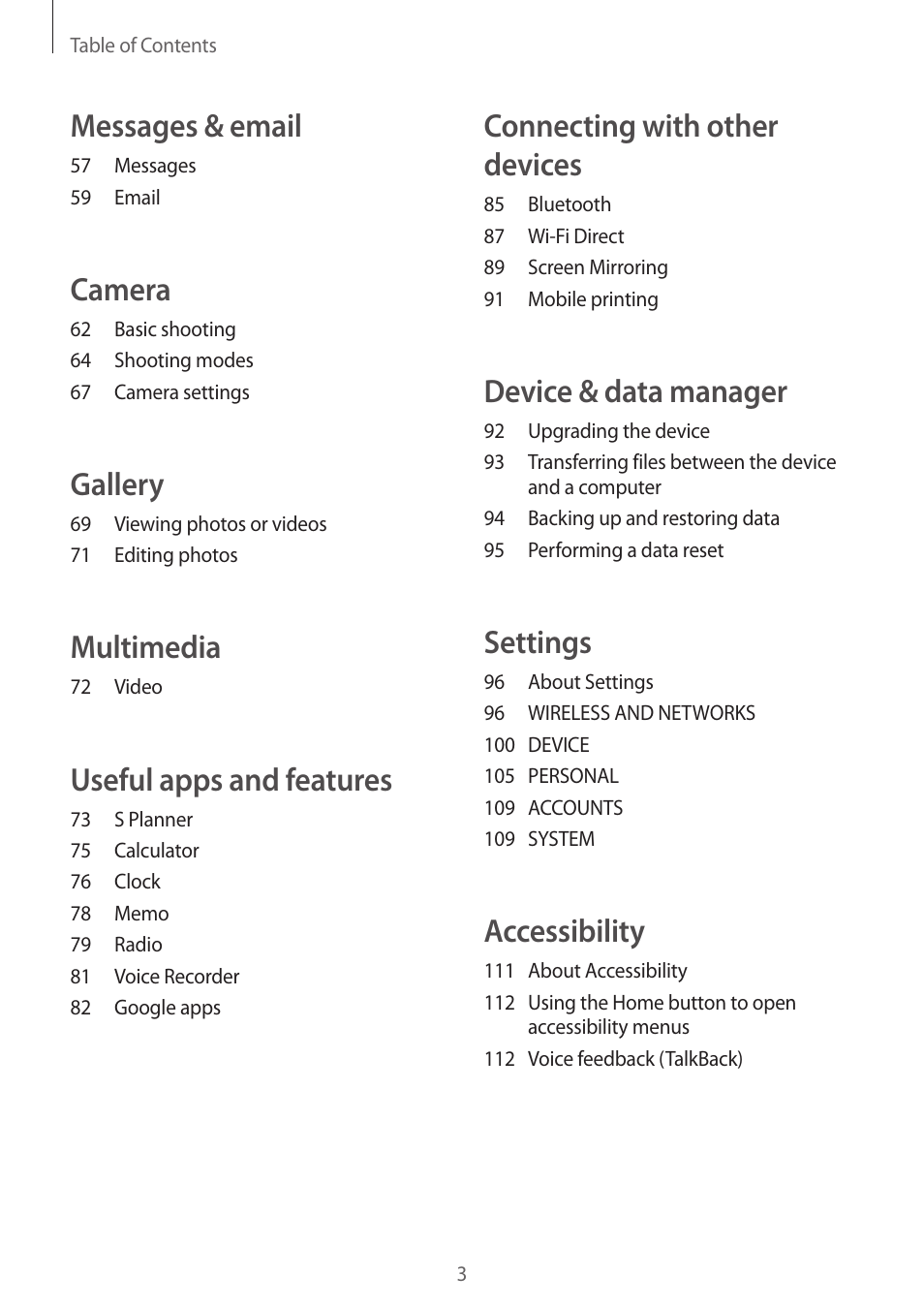 Connecting with other devices, Device & data manager, Settings | Accessibility, Messages & email, Camera, Gallery, Multimedia, Useful apps and features | Samsung Galaxy Grand Prime User Manual | Page 3 / 133