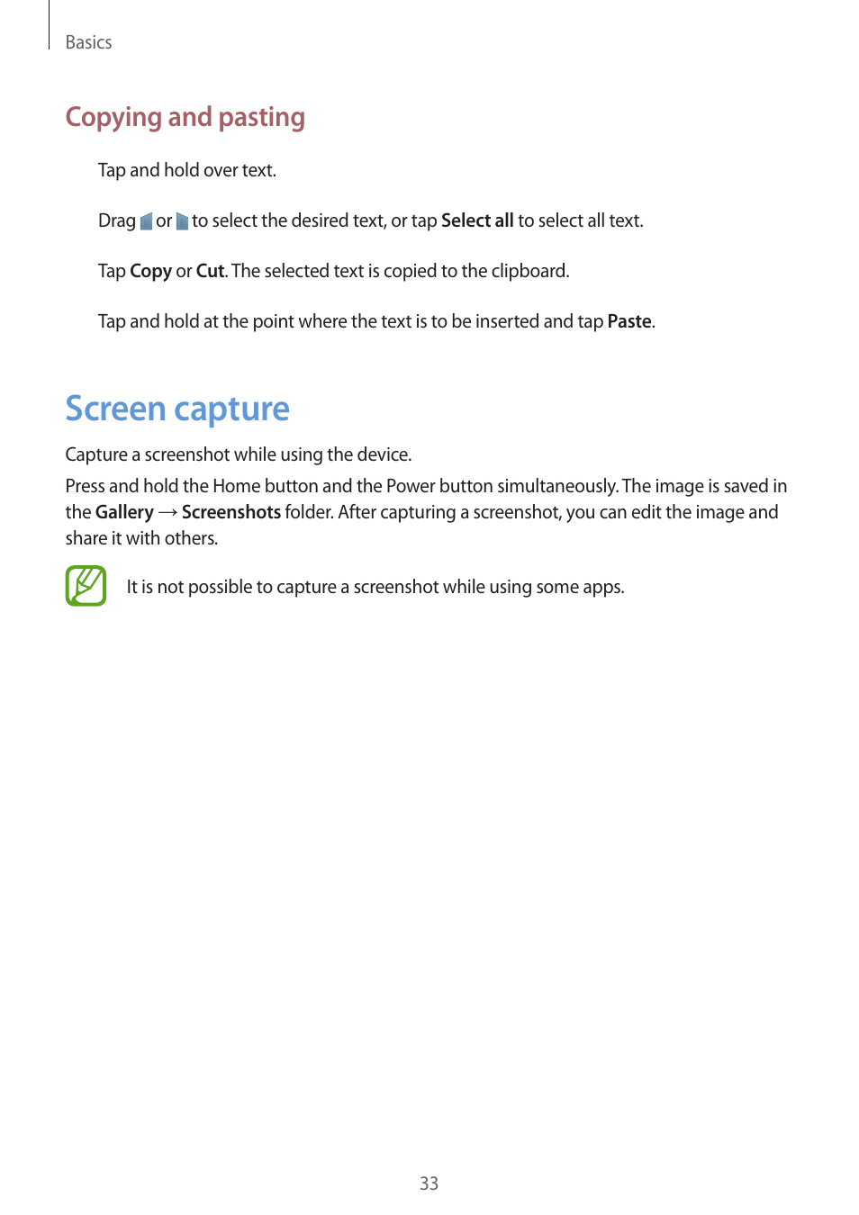 Screen capture, 33 screen capture, Copying and pasting | Samsung Galaxy Grand Prime User Manual | Page 33 / 133