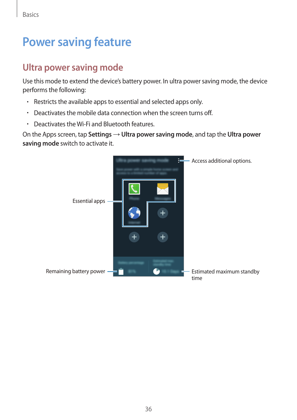 Power saving feature, 36 power saving feature, Ultra power saving mode | Samsung Galaxy Grand Prime User Manual | Page 36 / 133
