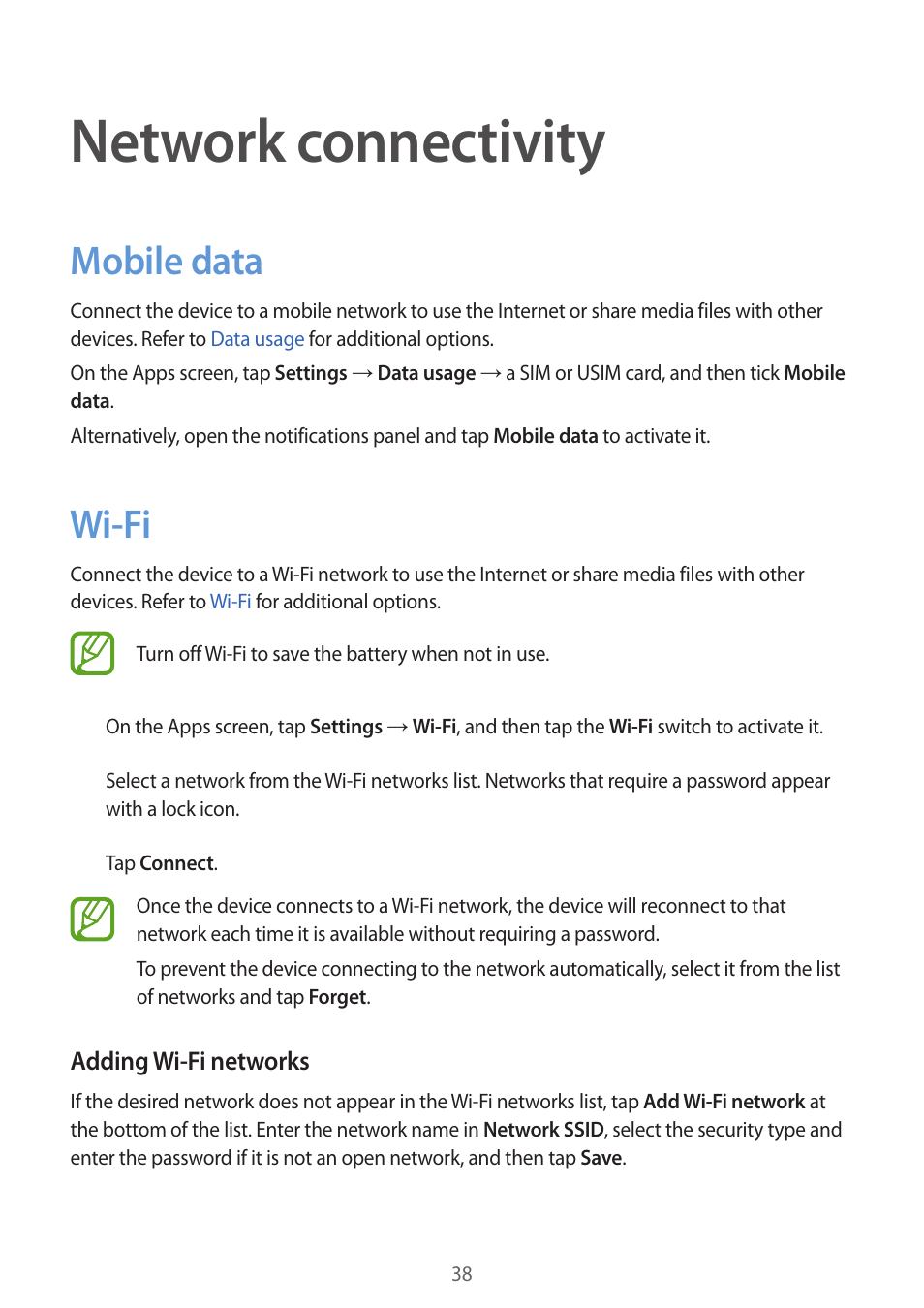 Network connectivity, Mobile data, Wi-fi | 38 mobile data 38 wi-fi | Samsung Galaxy Grand Prime User Manual | Page 38 / 133
