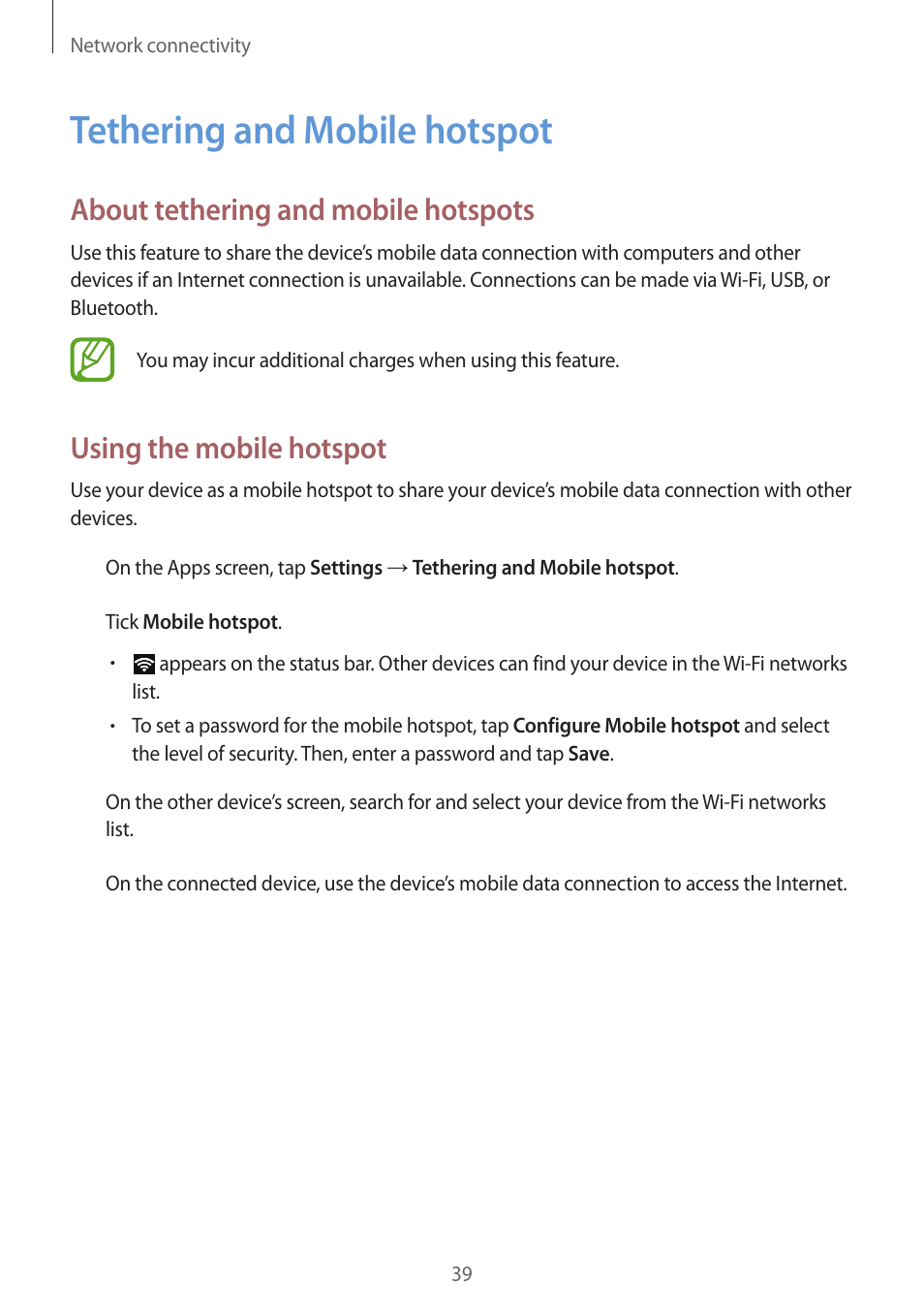 Tethering and mobile hotspot, 39 tethering and mobile hotspot, About tethering and mobile hotspots | Using the mobile hotspot | Samsung Galaxy Grand Prime User Manual | Page 39 / 133