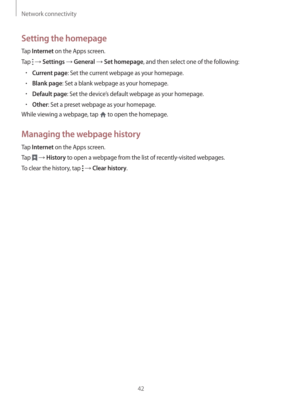 Setting the homepage, Managing the webpage history | Samsung Galaxy Grand Prime User Manual | Page 42 / 133