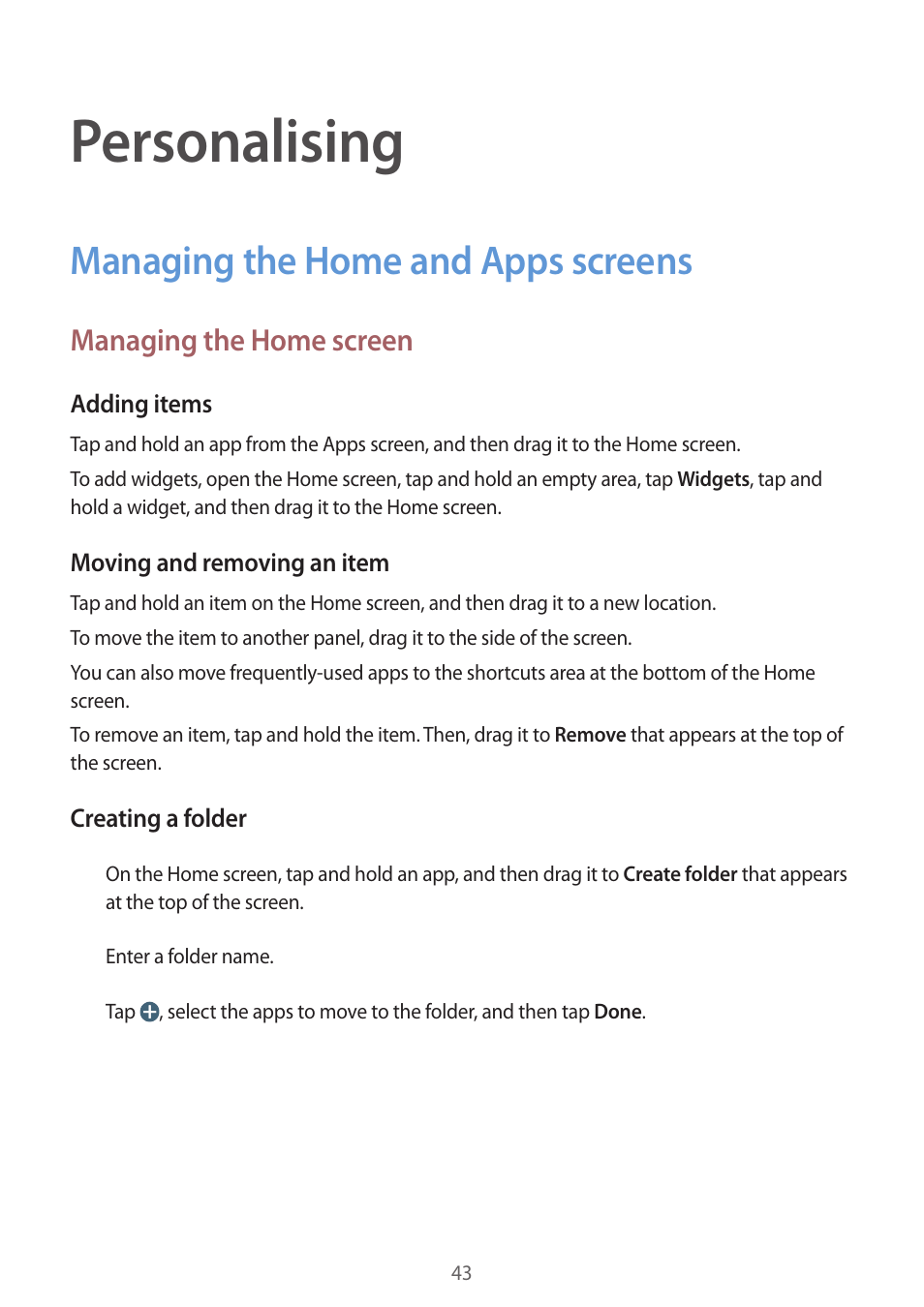 Personalising, Managing the home and apps screens, 43 managing the home and apps screens | Samsung Galaxy Grand Prime User Manual | Page 43 / 133