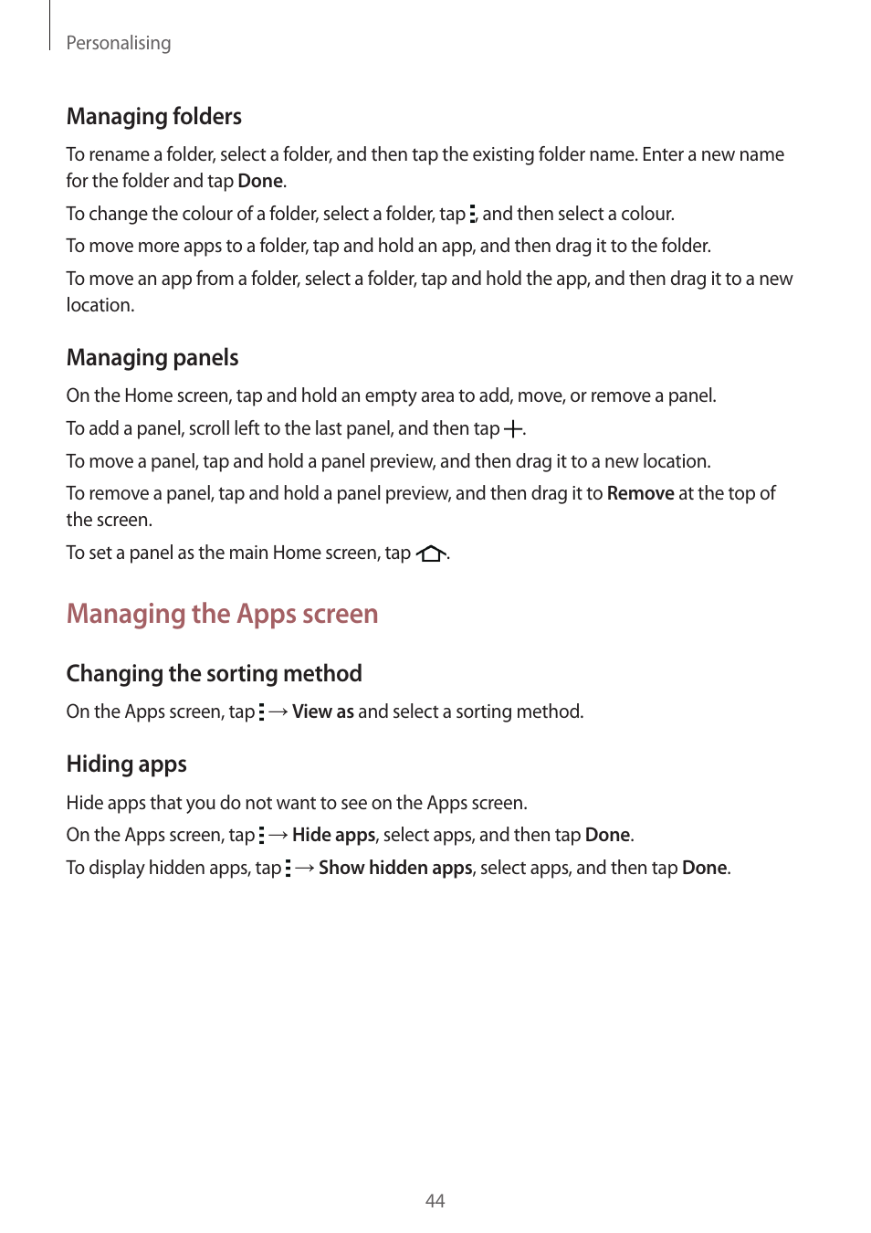 Managing the apps screen | Samsung Galaxy Grand Prime User Manual | Page 44 / 133
