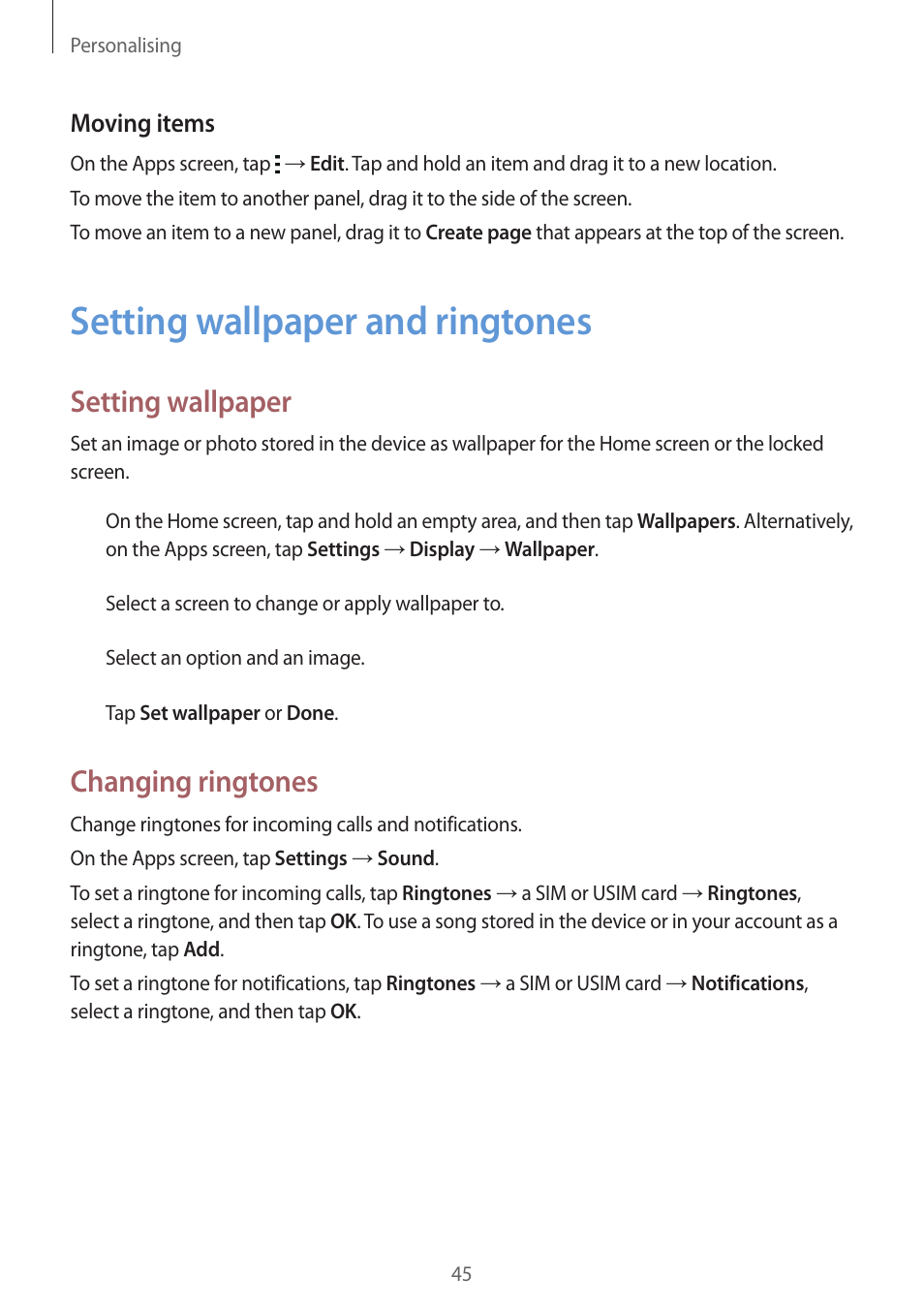 Setting wallpaper and ringtones, 45 setting wallpaper and ringtones, Setting wallpaper | Changing ringtones | Samsung Galaxy Grand Prime User Manual | Page 45 / 133