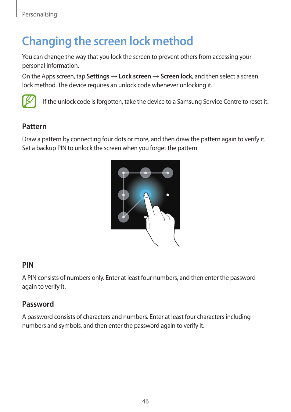 Changing the screen lock method, 46 changing the screen lock method, Changing the screen lock | Method | Samsung Galaxy Grand Prime User Manual | Page 46 / 133