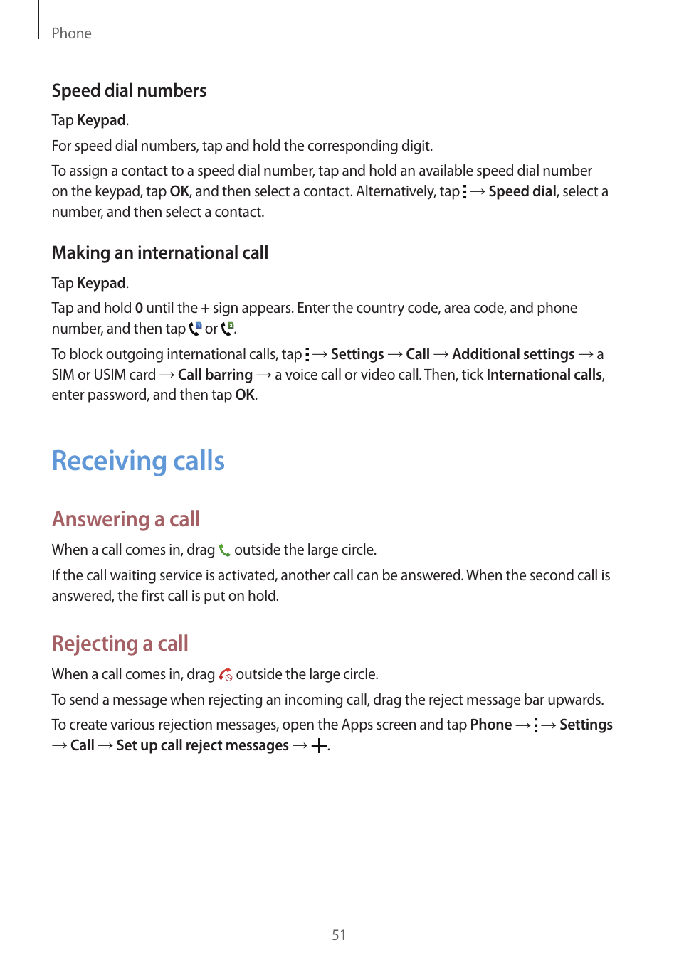 Receiving calls, 51 receiving calls, Answering a call | Rejecting a call | Samsung Galaxy Grand Prime User Manual | Page 51 / 133