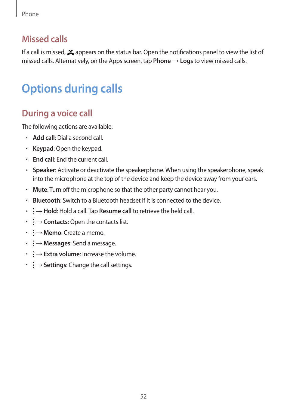 Options during calls, 52 options during calls, Missed calls | During a voice call | Samsung Galaxy Grand Prime User Manual | Page 52 / 133