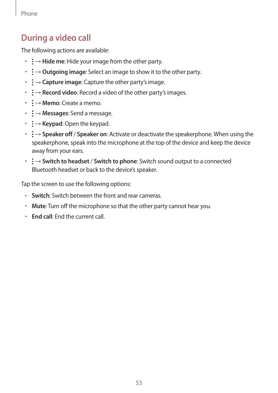 During a video call | Samsung Galaxy Grand Prime User Manual | Page 53 / 133