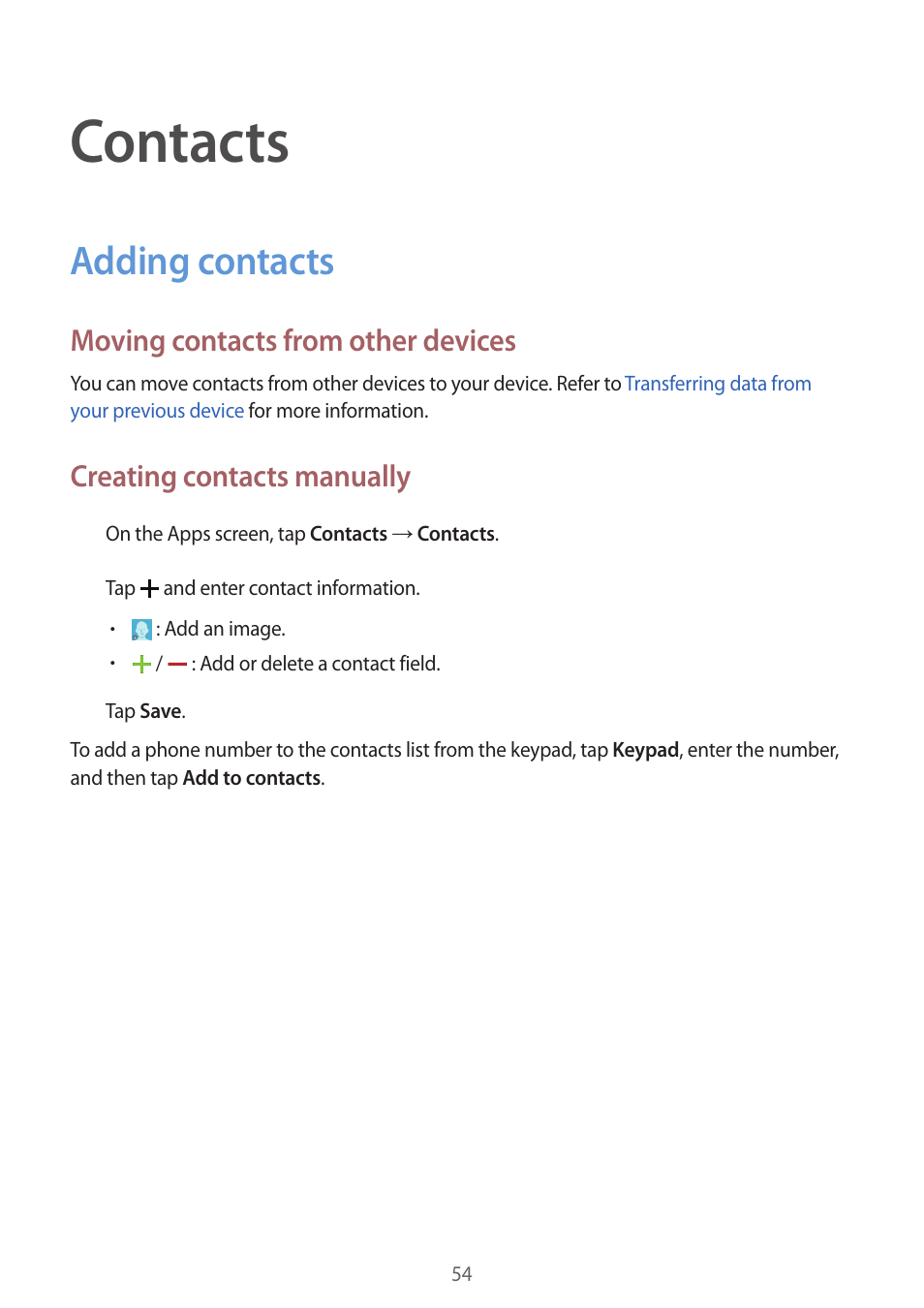 Contacts, Adding contacts, 54 adding contacts | Samsung Galaxy Grand Prime User Manual | Page 54 / 133