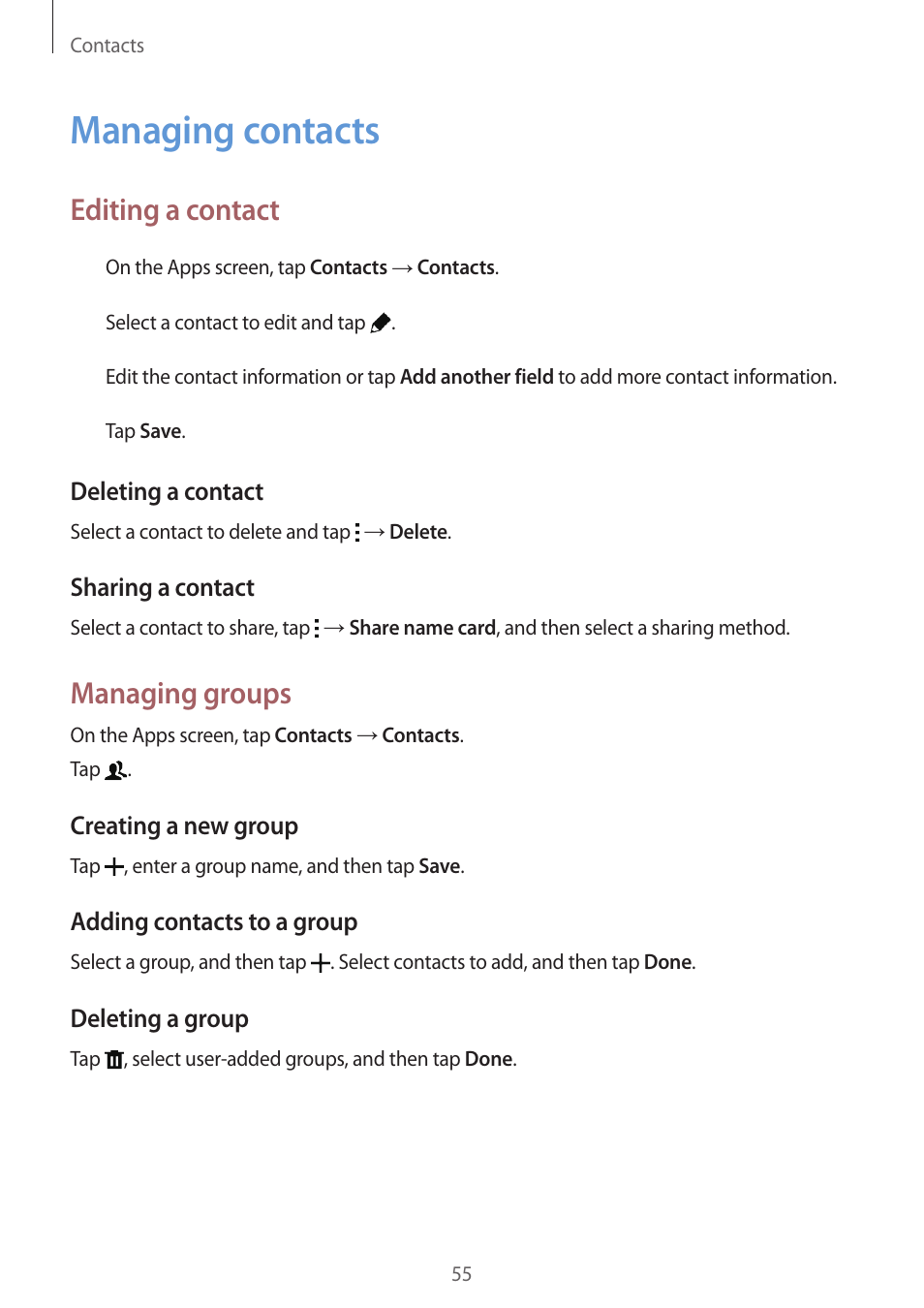 Managing contacts, 55 managing contacts, Editing a contact | Managing groups | Samsung Galaxy Grand Prime User Manual | Page 55 / 133