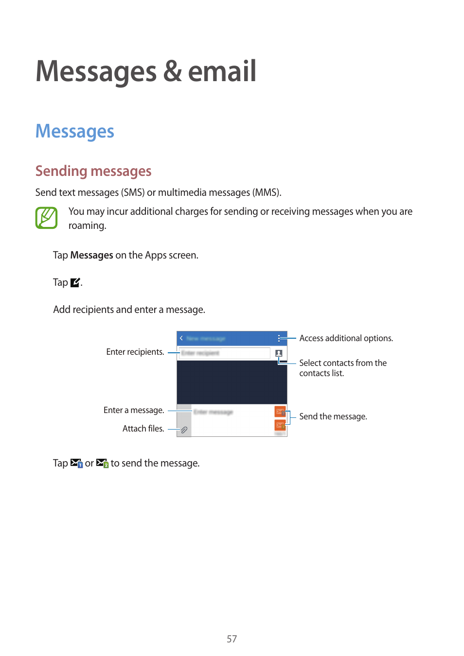 Messages & email, Messages, 57 messages | Sending messages | Samsung Galaxy Grand Prime User Manual | Page 57 / 133