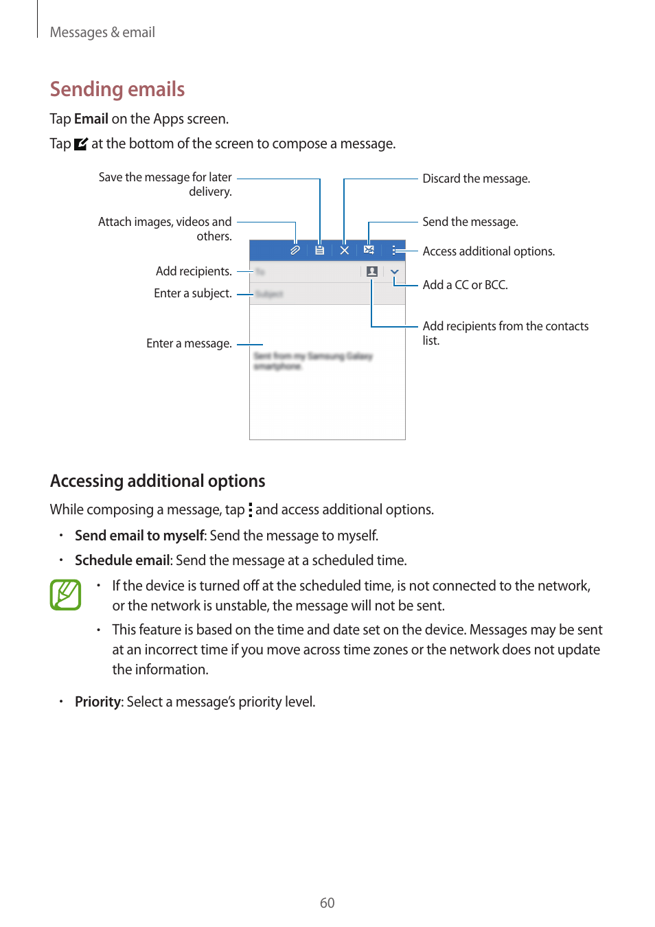 Sending emails, Accessing additional options | Samsung Galaxy Grand Prime User Manual | Page 60 / 133