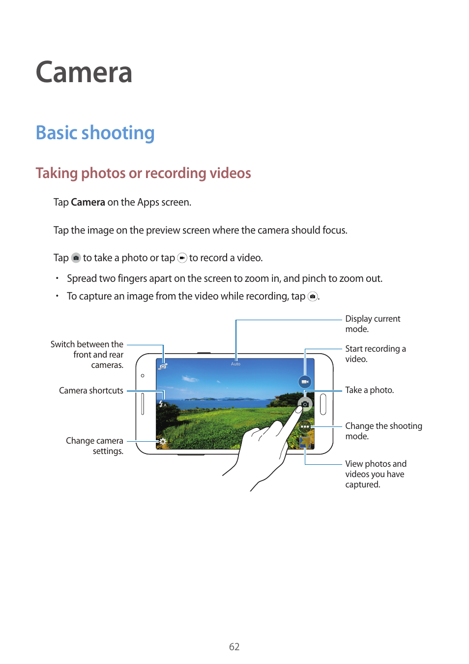 Camera, Basic shooting, 62 basic shooting | Taking photos or recording videos | Samsung Galaxy Grand Prime User Manual | Page 62 / 133