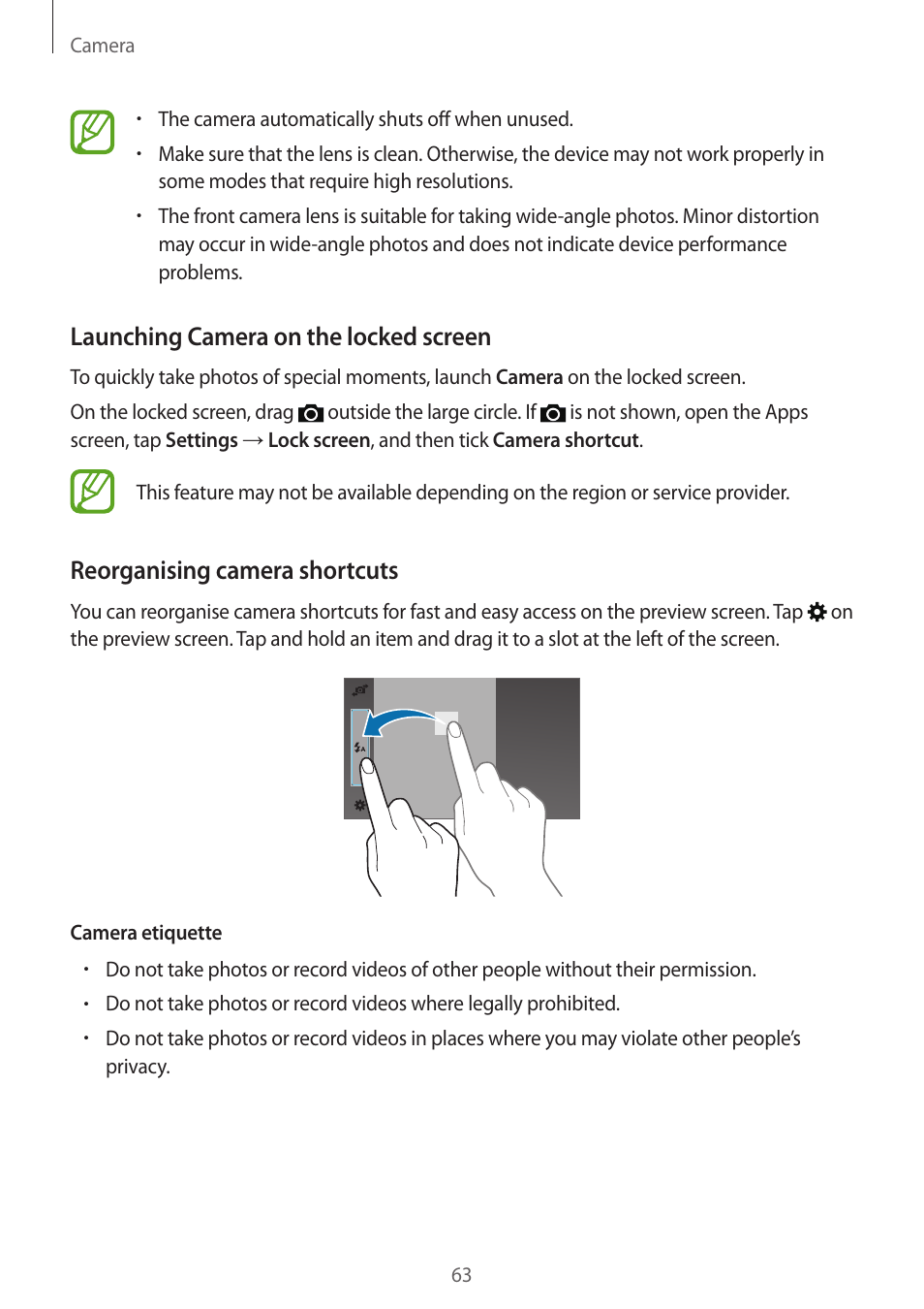 Launching camera on the locked screen, Reorganising camera shortcuts | Samsung Galaxy Grand Prime User Manual | Page 63 / 133