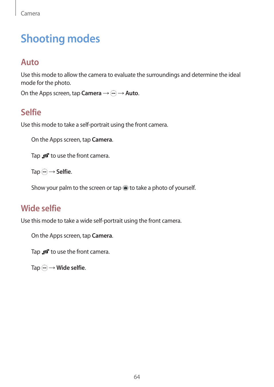 Shooting modes, 64 shooting modes, Auto | Selfie, Wide selfie | Samsung Galaxy Grand Prime User Manual | Page 64 / 133