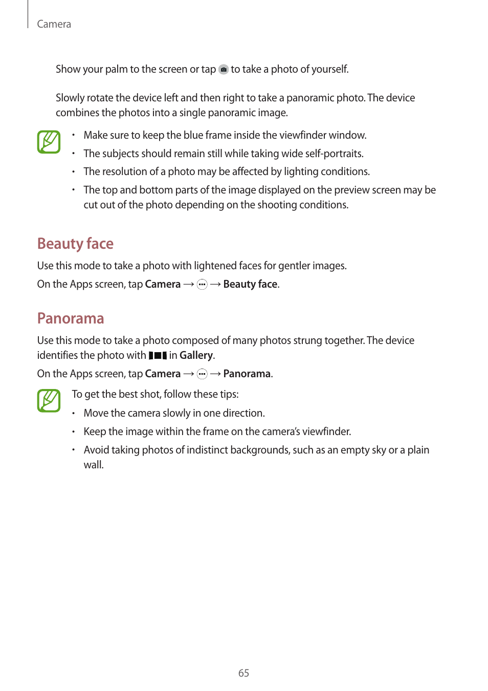 Beauty face, Panorama | Samsung Galaxy Grand Prime User Manual | Page 65 / 133