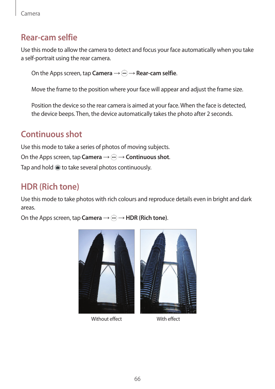 Rear-cam selfie, Continuous shot, Hdr (rich tone) | Samsung Galaxy Grand Prime User Manual | Page 66 / 133