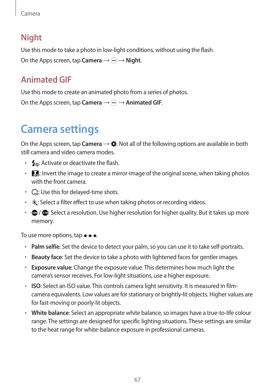 Camera settings, 67 camera settings, Night | Animated gif | Samsung Galaxy Grand Prime User Manual | Page 67 / 133