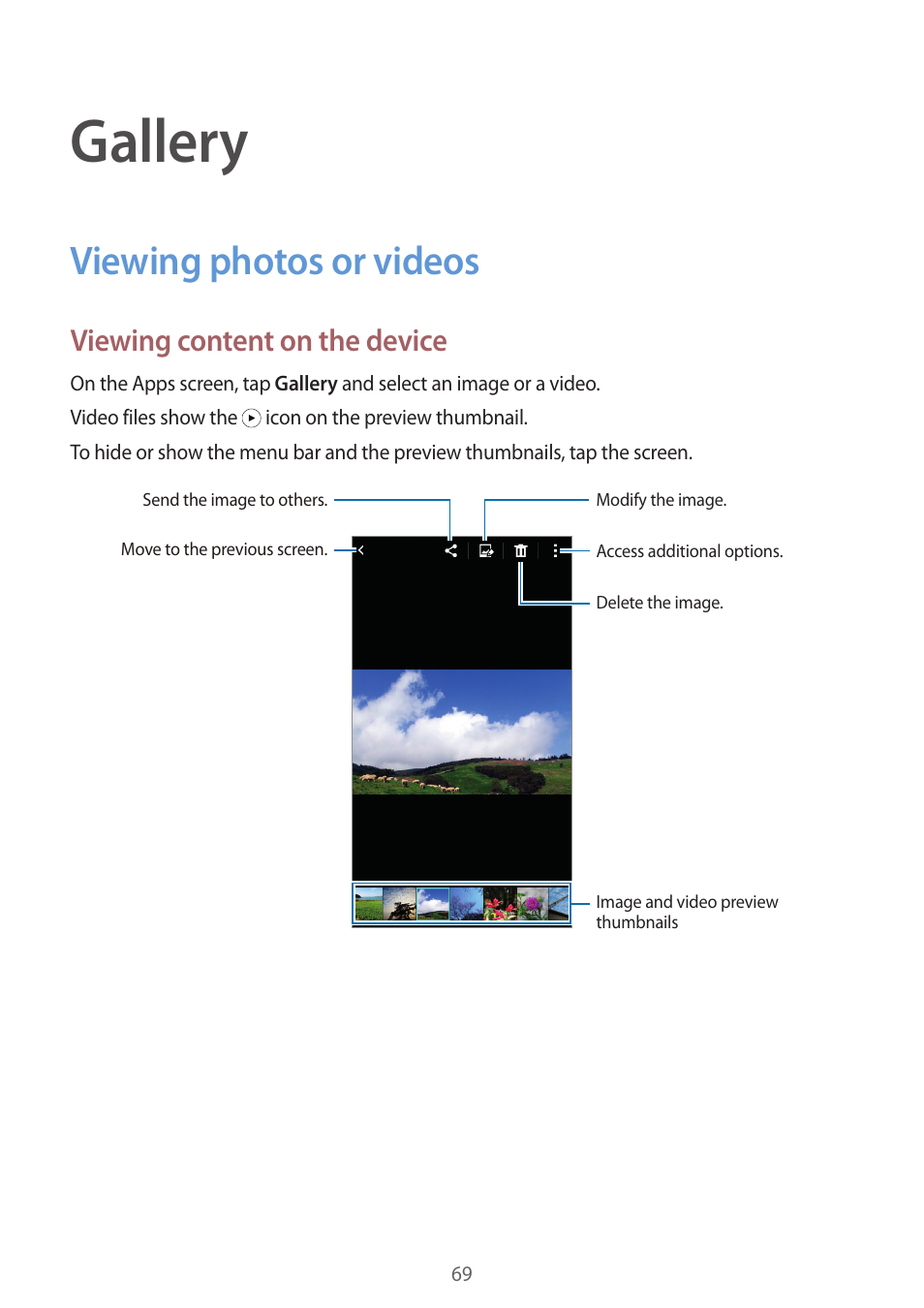 Gallery, Viewing photos or videos, 69 viewing photos or videos | Viewing content on the device | Samsung Galaxy Grand Prime User Manual | Page 69 / 133