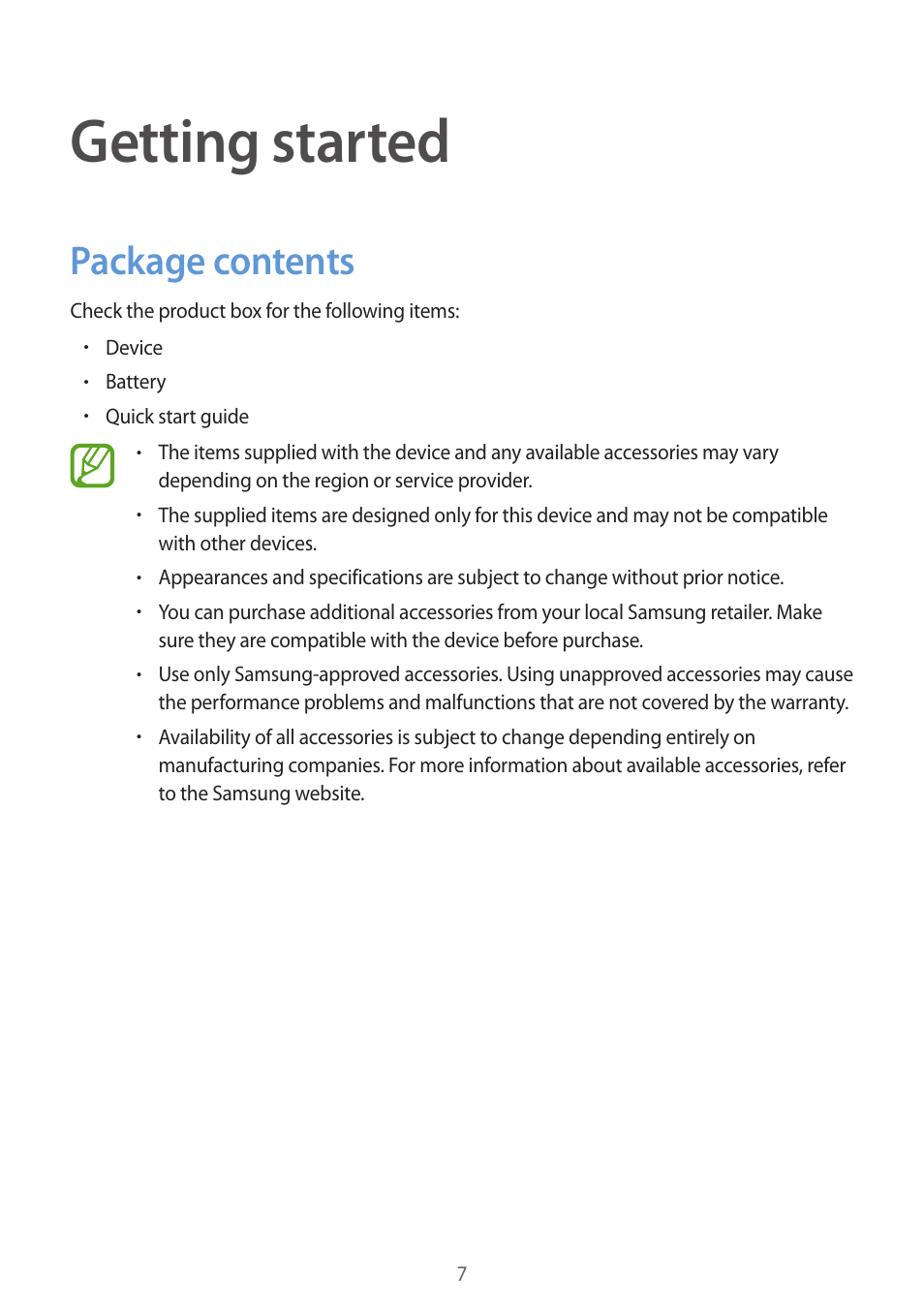 Getting started, Package contents | Samsung Galaxy Grand Prime User Manual | Page 7 / 133