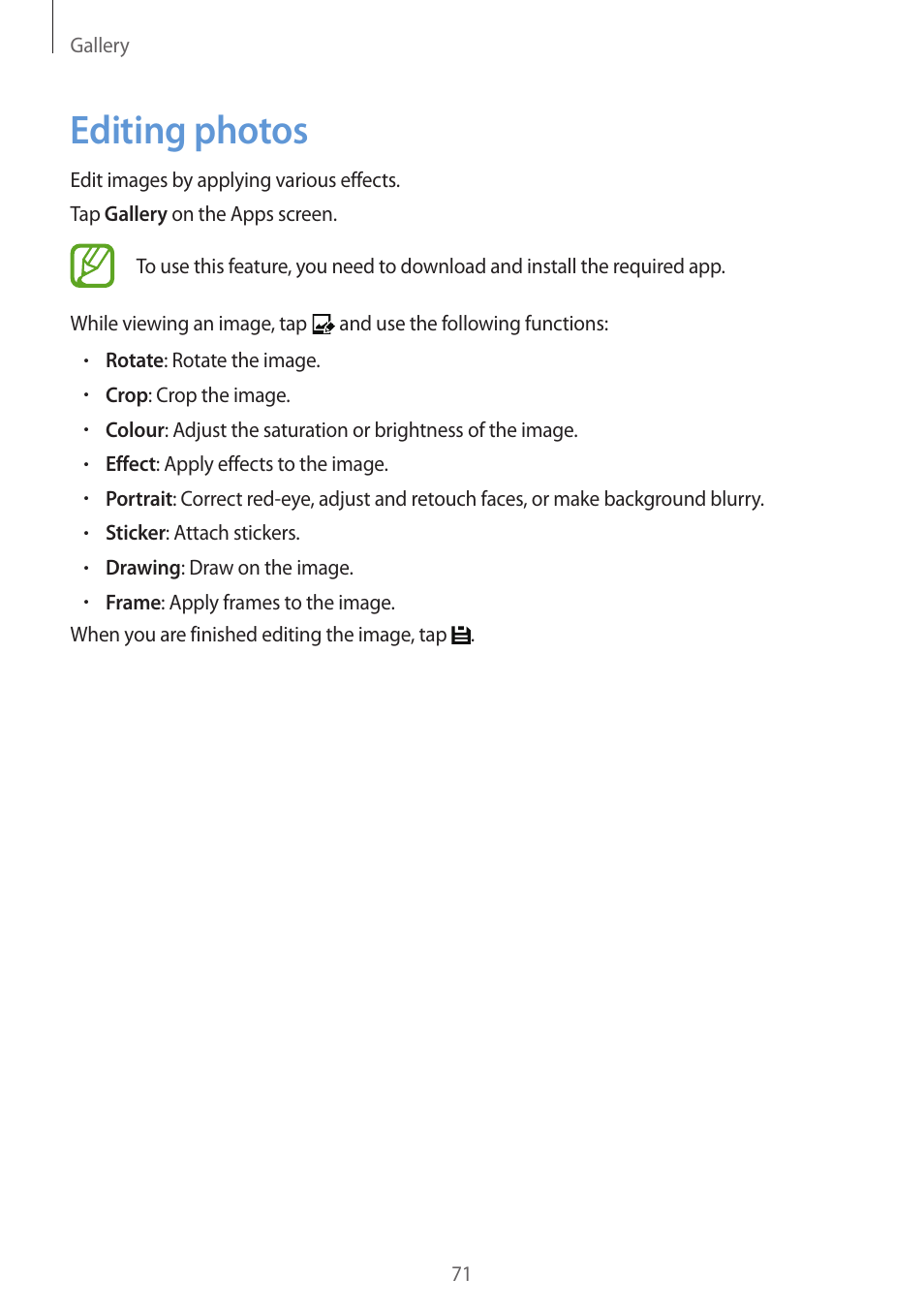 Editing photos, 71 editing photos | Samsung Galaxy Grand Prime User Manual | Page 71 / 133