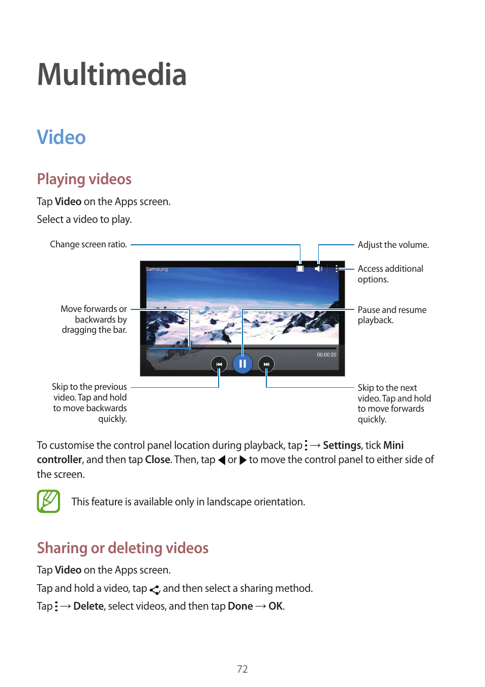 Multimedia, Video, 72 video | Playing videos, Sharing or deleting videos | Samsung Galaxy Grand Prime User Manual | Page 72 / 133