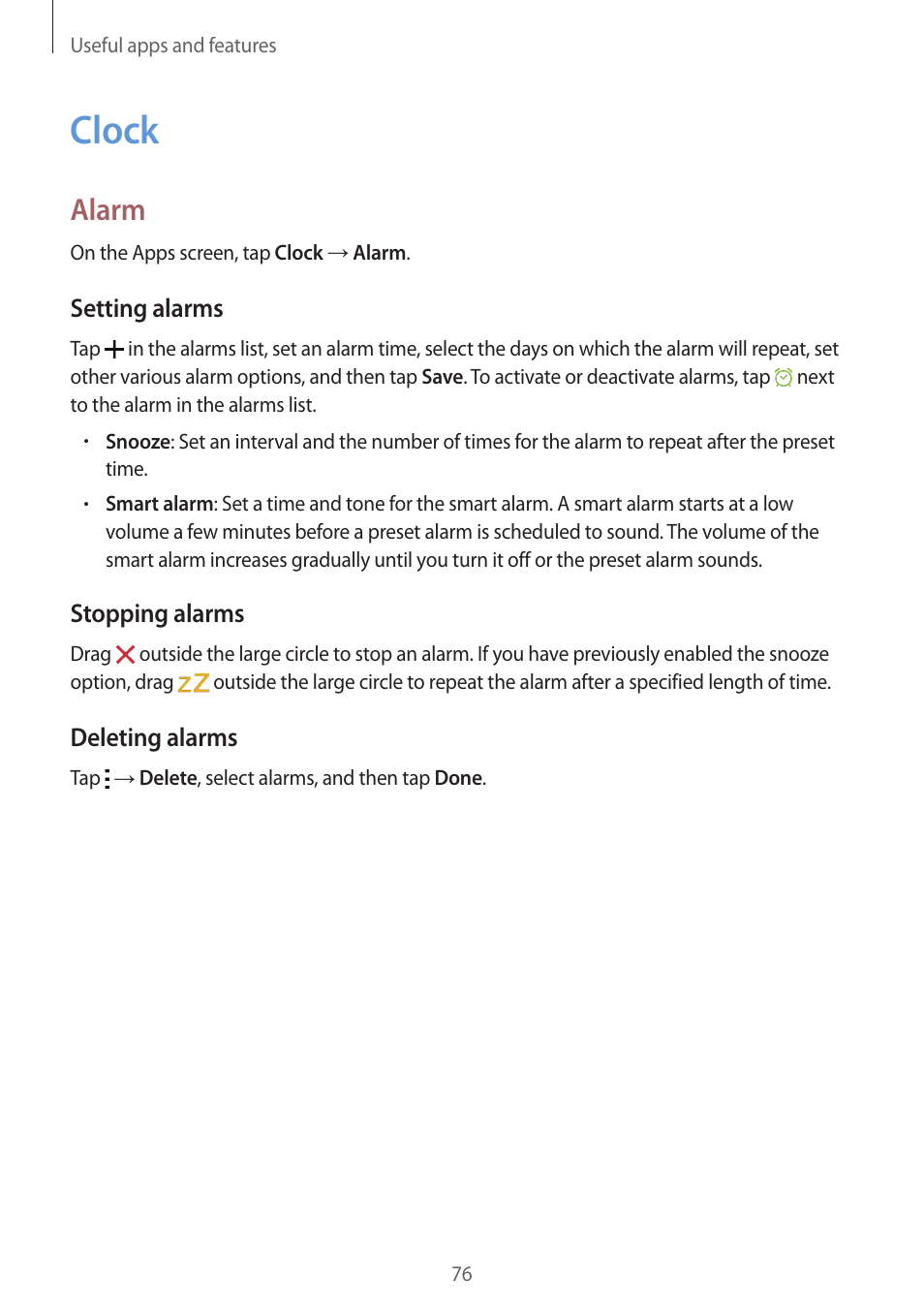 Clock, 76 clock, Alarm | Samsung Galaxy Grand Prime User Manual | Page 76 / 133