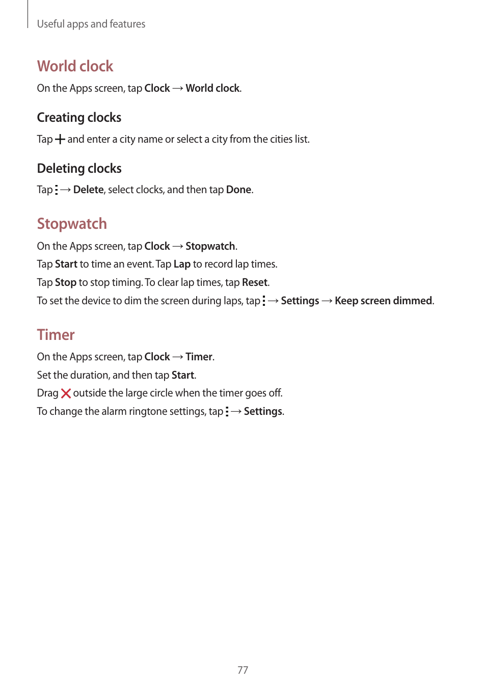 World clock, Stopwatch, Timer | Creating clocks, Deleting clocks | Samsung Galaxy Grand Prime User Manual | Page 77 / 133