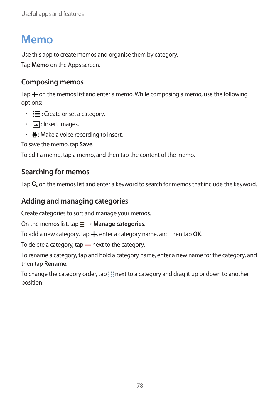 Memo, 78 memo | Samsung Galaxy Grand Prime User Manual | Page 78 / 133