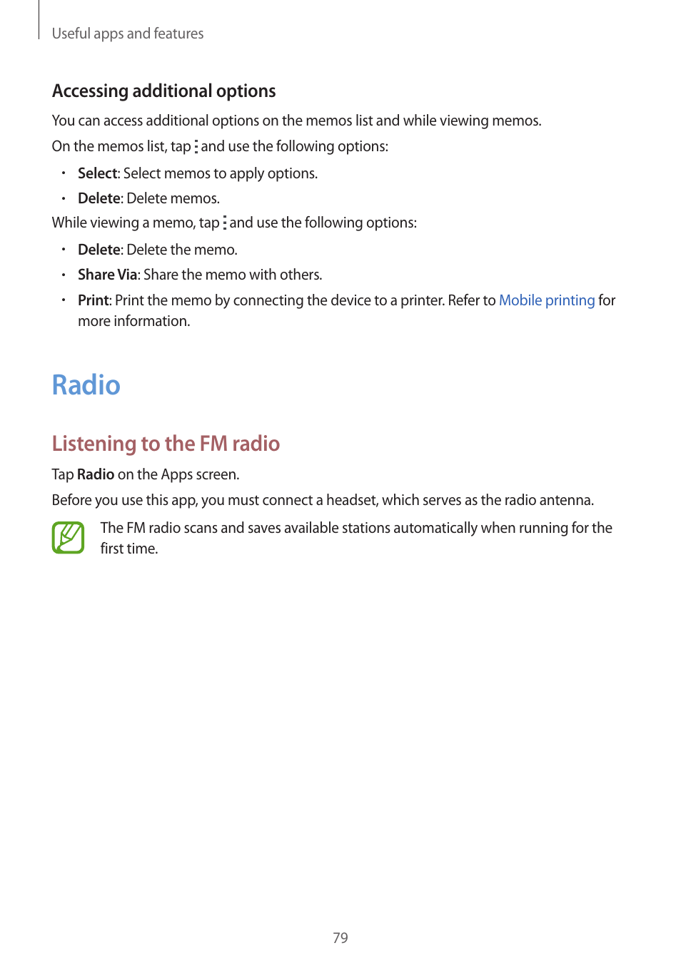 Radio, 79 radio, Listening to the fm radio | Samsung Galaxy Grand Prime User Manual | Page 79 / 133