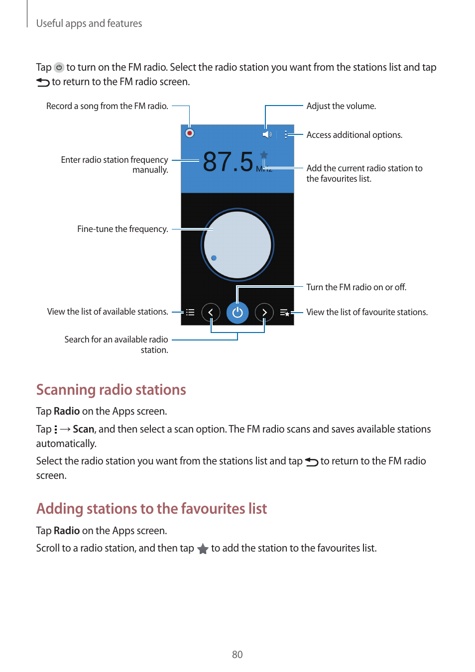 Scanning radio stations, Adding stations to the favourites list | Samsung Galaxy Grand Prime User Manual | Page 80 / 133