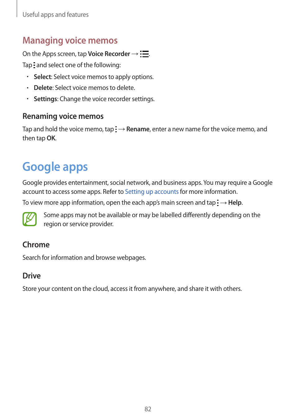 Google apps, 82 google apps | Samsung Galaxy Grand Prime User Manual | Page 82 / 133