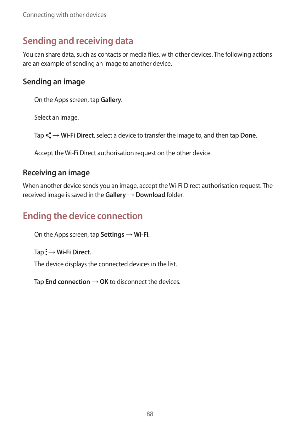 Sending and receiving data, Ending the device connection | Samsung Galaxy Grand Prime User Manual | Page 88 / 133